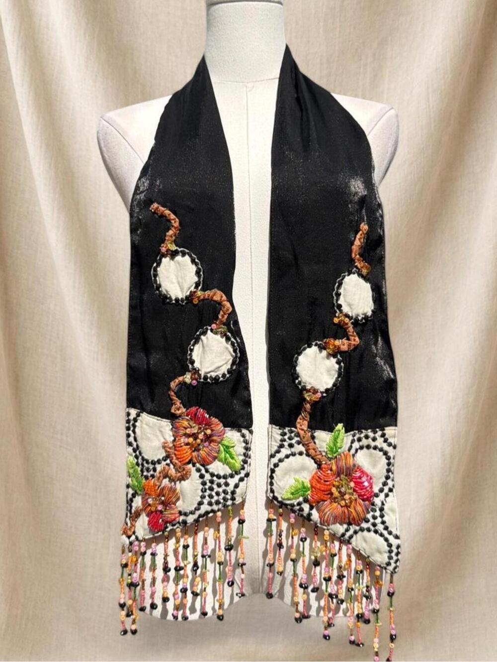 Mary Frances 100% silk beaded scarf with floral embroidery and fringe